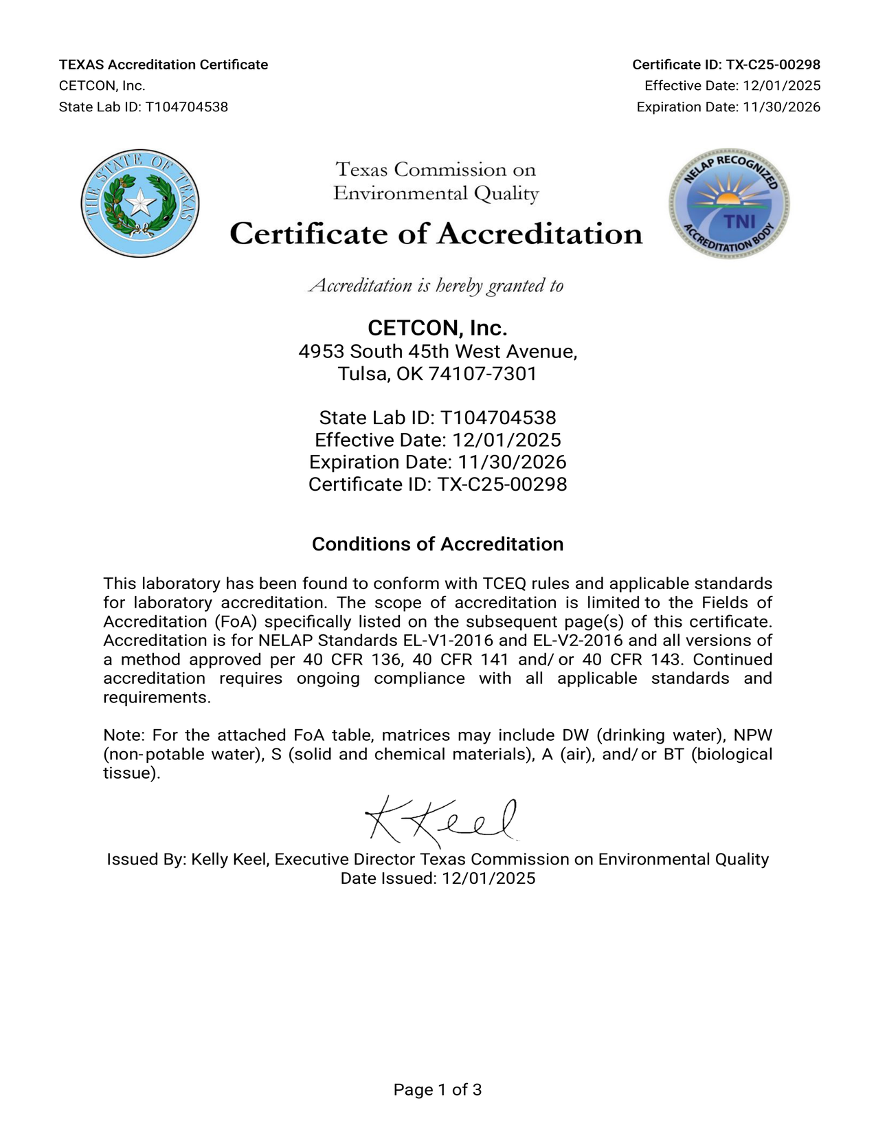 NELAP 2026 Certificate